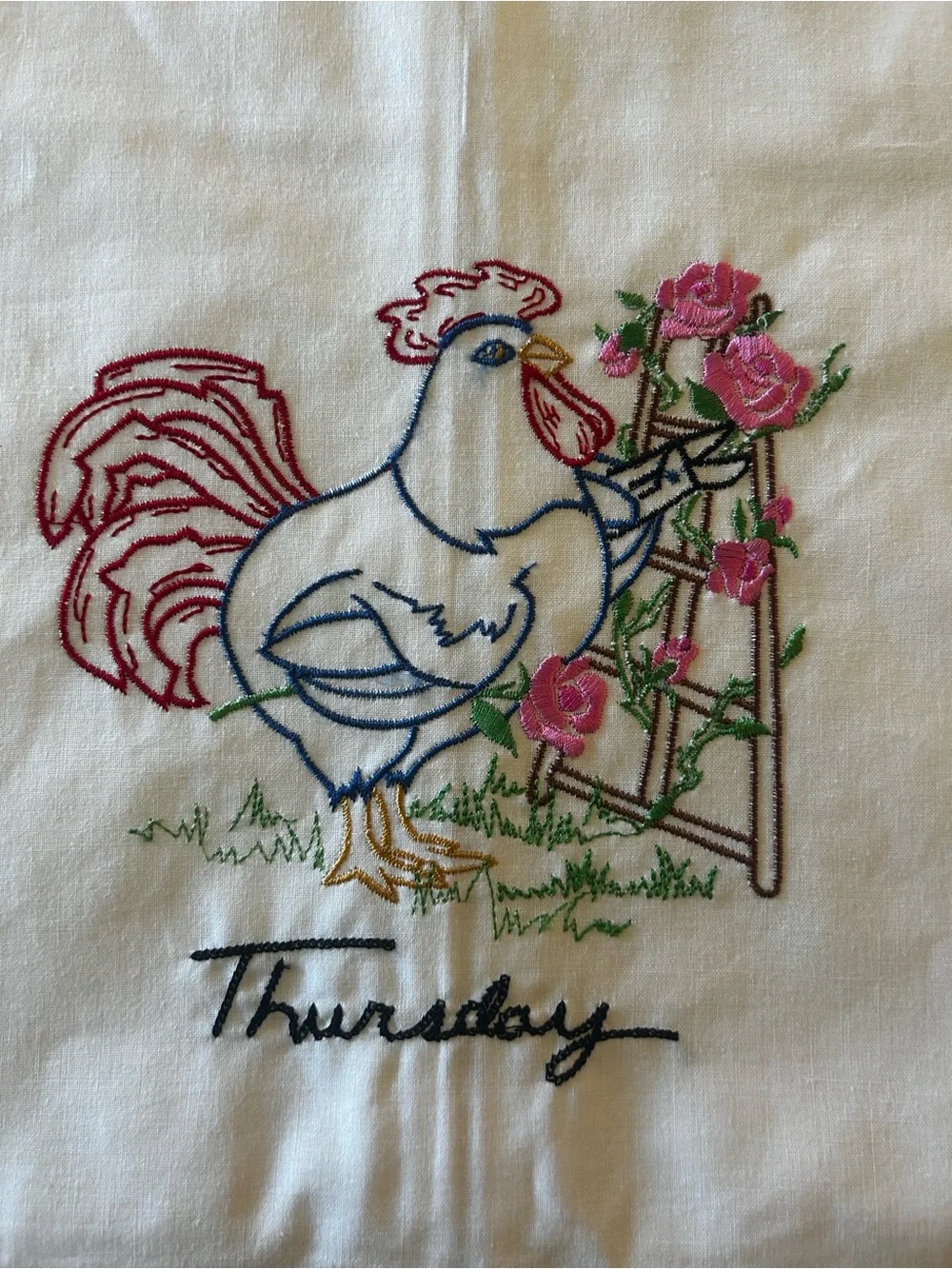 Set Of 7 Days A Week Rooster  Hand Embroidered Tea Towels - New In Packaging